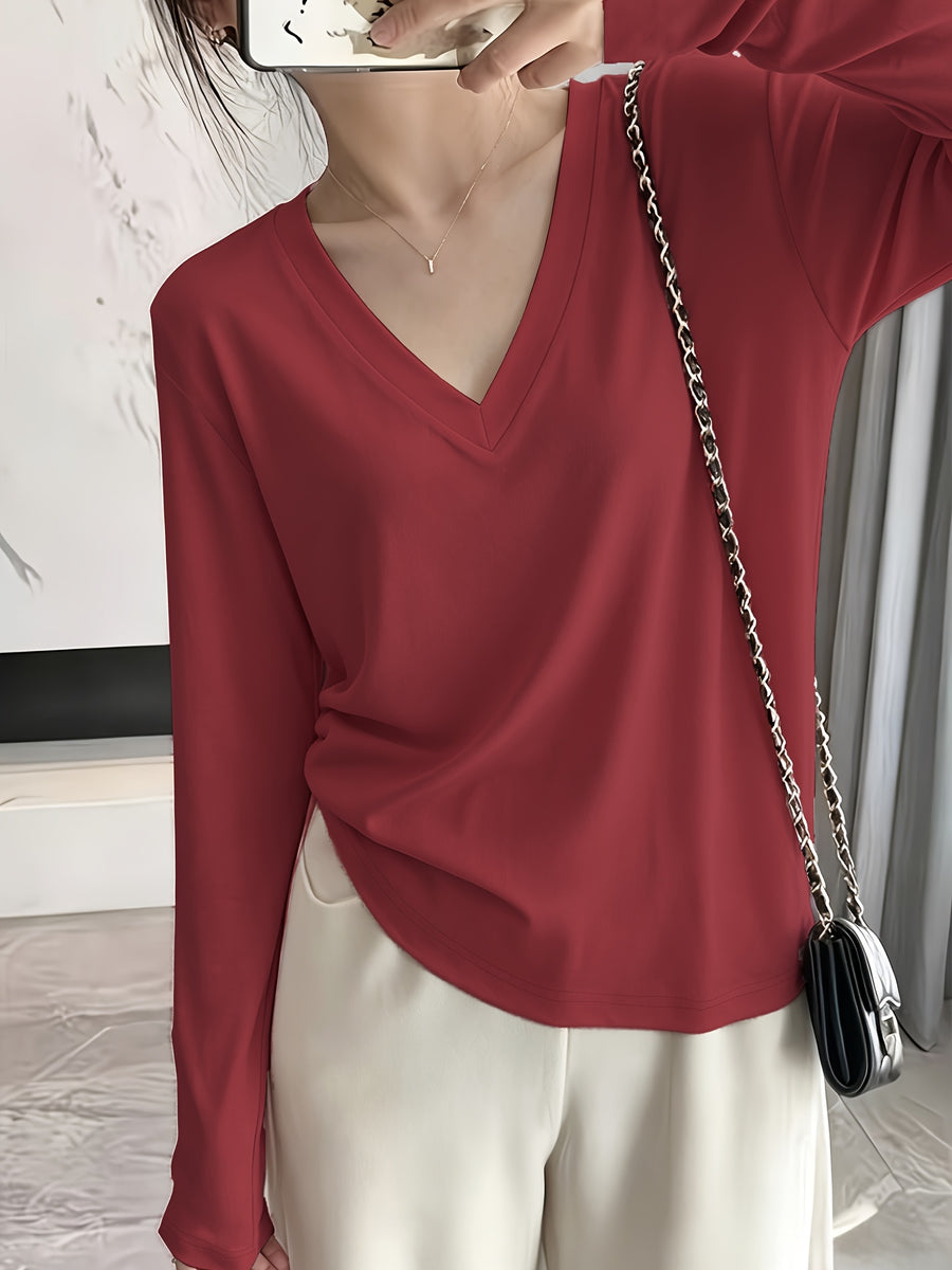 Loose Fit Drop Shoulder Sleeves Relaxed Style Women's Long Sleeve T-Shirt Polyester Women's Autumn Top Thin V-Neck Pullover Solid Color Basic Style Women's Casual Base Layer Spring/Autumn Women's Clothing Machine Washable, Not Dry Cleanable Autumn - Brick Red