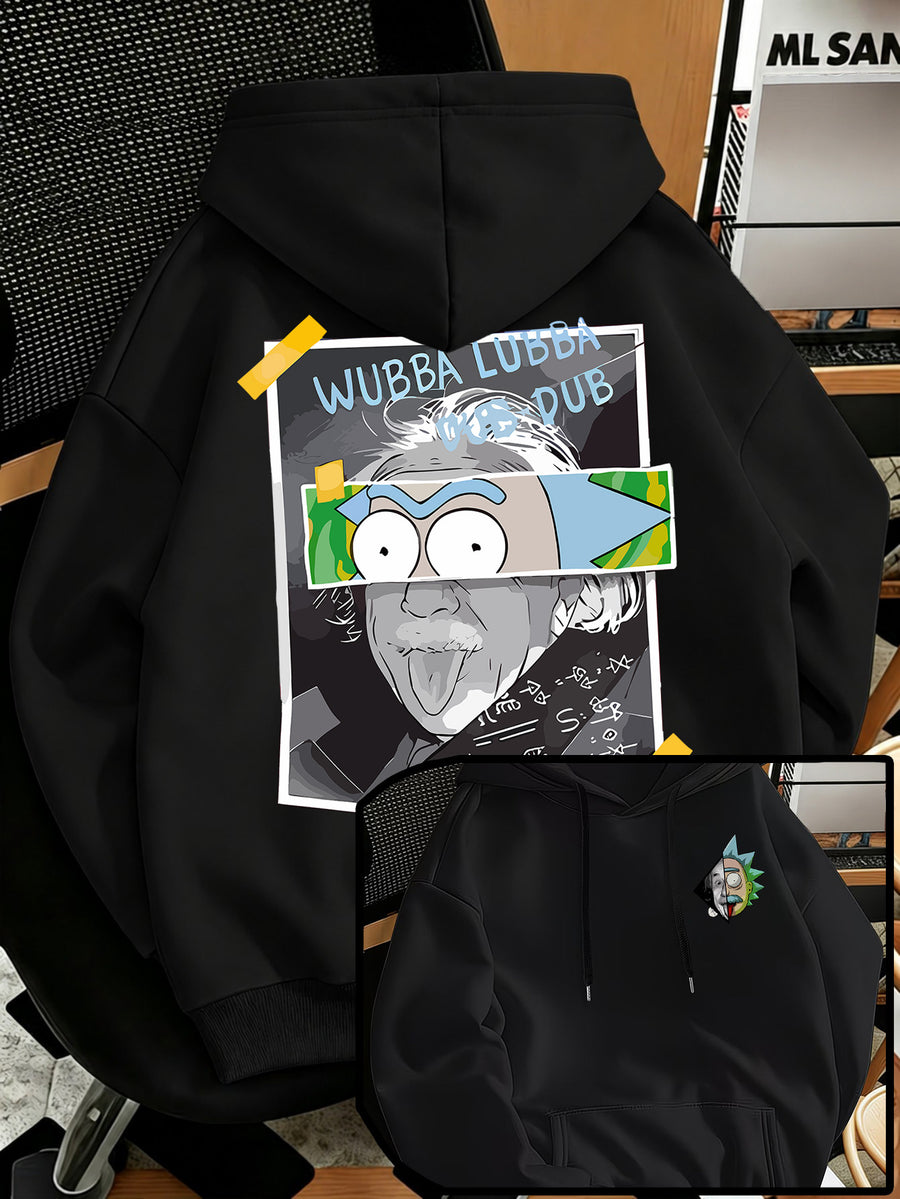 Warner Bros Official Men's Fashion Sweatshirt, Rick's Classic Catchphrase Collage Einstein Polaroid Print Design, Men's Fashion Hoodie Loose Fit with Adjustable Drawstring, -Lined Sweatshirt for Comfortable Fall/Winter Wear, Outdoor Sports Casual - Black