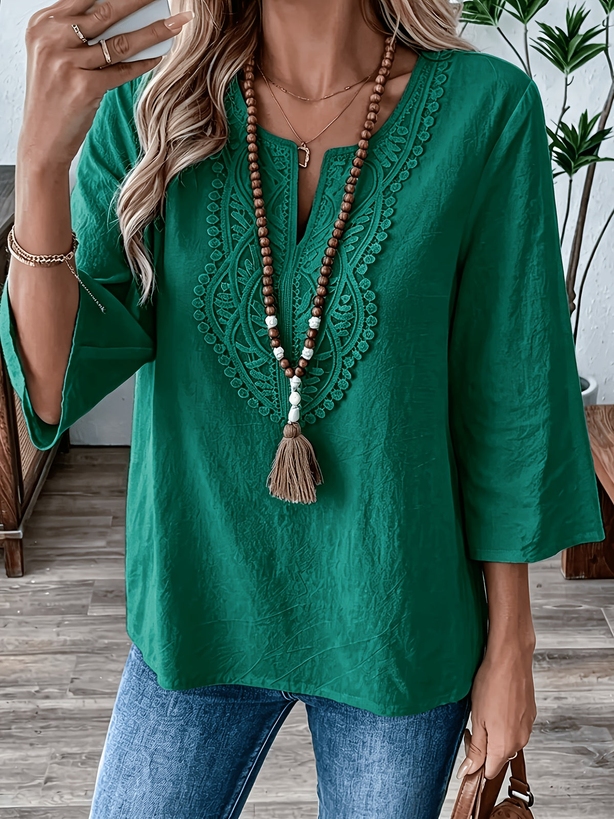 New Women'S V-Neck Lace Trim Blouse, Half-Sleeve Comfortable And Casual Vintage Clothing - Green