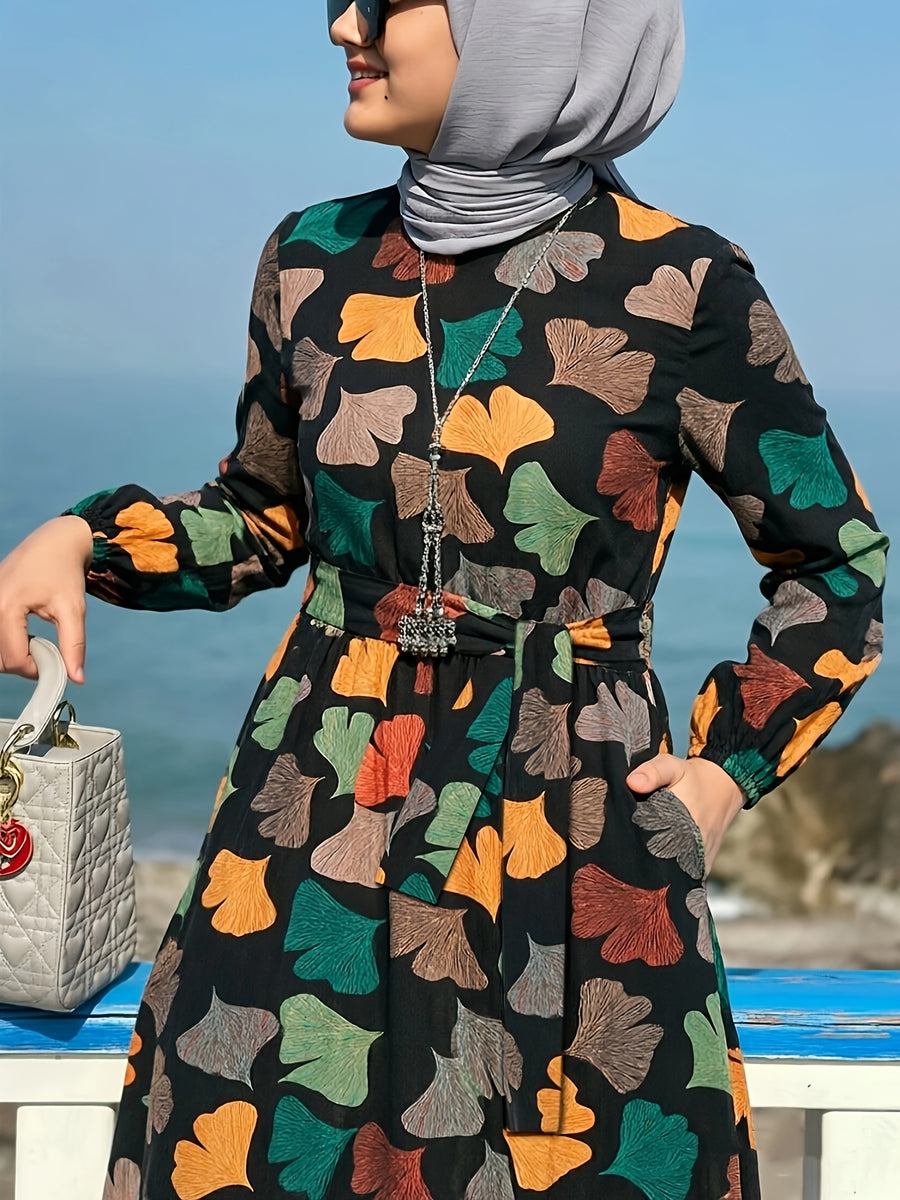 Comfortable Middle Eastern Print Long Dress Robe | Floral Pattern, Long Length, With Belt, Suitable For All Seasons - Orange-Red