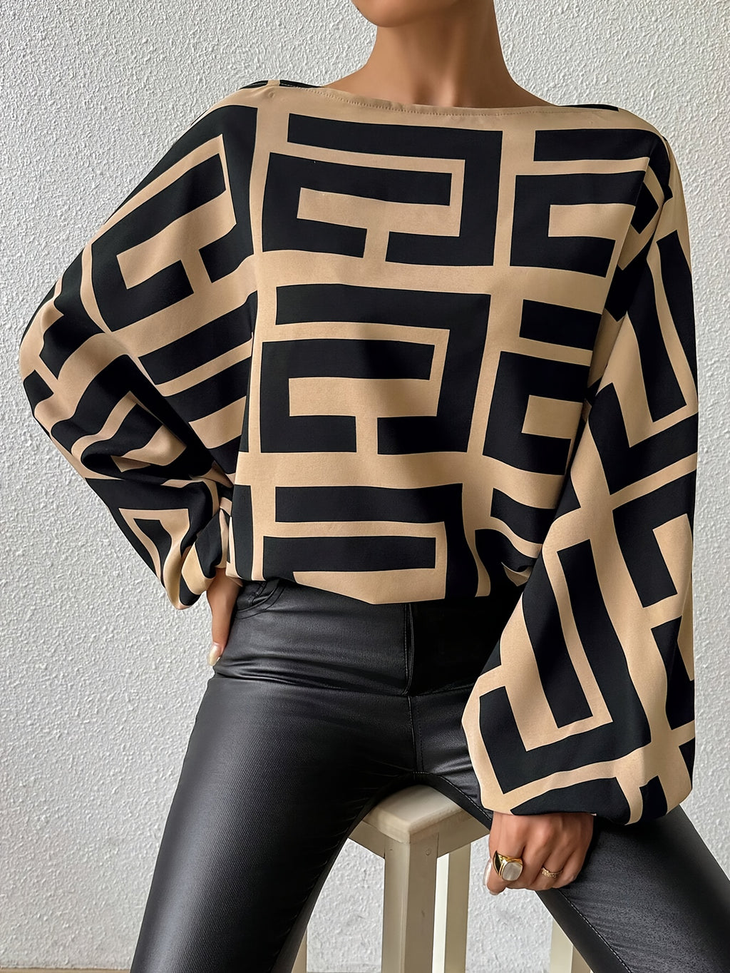 European and American Autumn Winter Spring New Random Print Off-Shoulder Elegant Casual Top - Light Brown-1