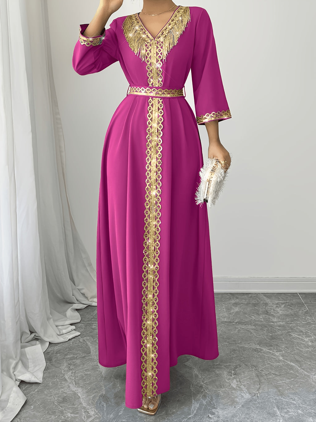 2026 New Abaya Robe Style Kimono Sleeve Long Dress V-Neck Caftan Robe Wrap Style Front Panel High Waist Empire Line Floor Length Dress Golden Lace Trim Sequined Embroidery Golden Bead Trim Golden Contrast Ruffle Tie Waist Skirt Muslim Fashion Arabic - Rose Red