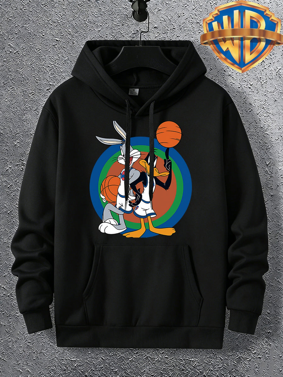 Warner Licensed Men'S Autumn Long Sleeve Hooded Sweatshirt, Durable Ribbed Cuffs, Breathable Polyester Fabric, Round Bottom with Rabbit And Duck Cartoon Print, Suitable for School Youth Casual Wear, Class, Club, Court Activities - Black