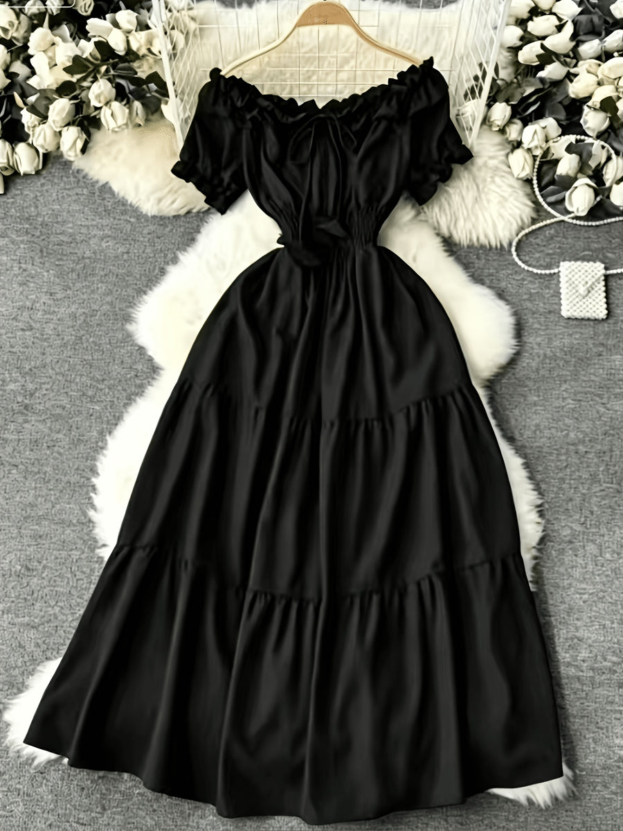 Spring/Summer French-Style Dress for Women, Solid Color, Elegant and Gentle Style, Off-Shoulder Neckline, Short Sleeves, Red Spliced Maxi Skirt, Puff Sleeves, Waist-Cinching Fairy Dress, Sweet Vacation Dress, Gavin - Black