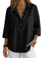Women'S Elegant Comfortable 3/4 Sleeve Top, Fashionable Button-Up Basic Shirt, Loose Casual V-Neck Three-Quarter Sleeve T-Shirt - Black