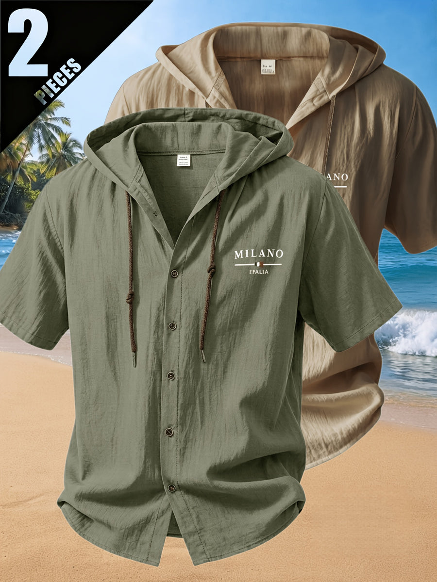 2pcs Men'S Summer Short Sleeve Shirt Set, Breathable And Skin-Friendly Linen Fabric, Trendy Hooded Style, Suitable for Beach Vacations, Beach Outings, And Casual Wear - Mixed Colors 20