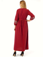 Women's Tie-Neck Floral Geometric Embroidery Drawstring Dress - Red
