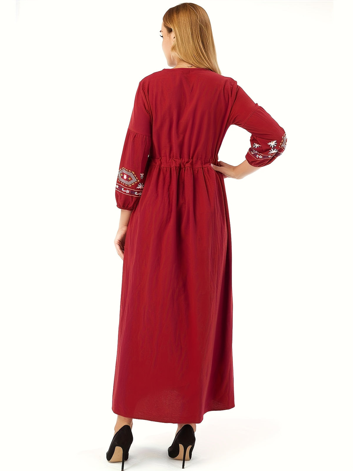 Women's Tie-Neck Floral Geometric Embroidery Drawstring Dress - Red