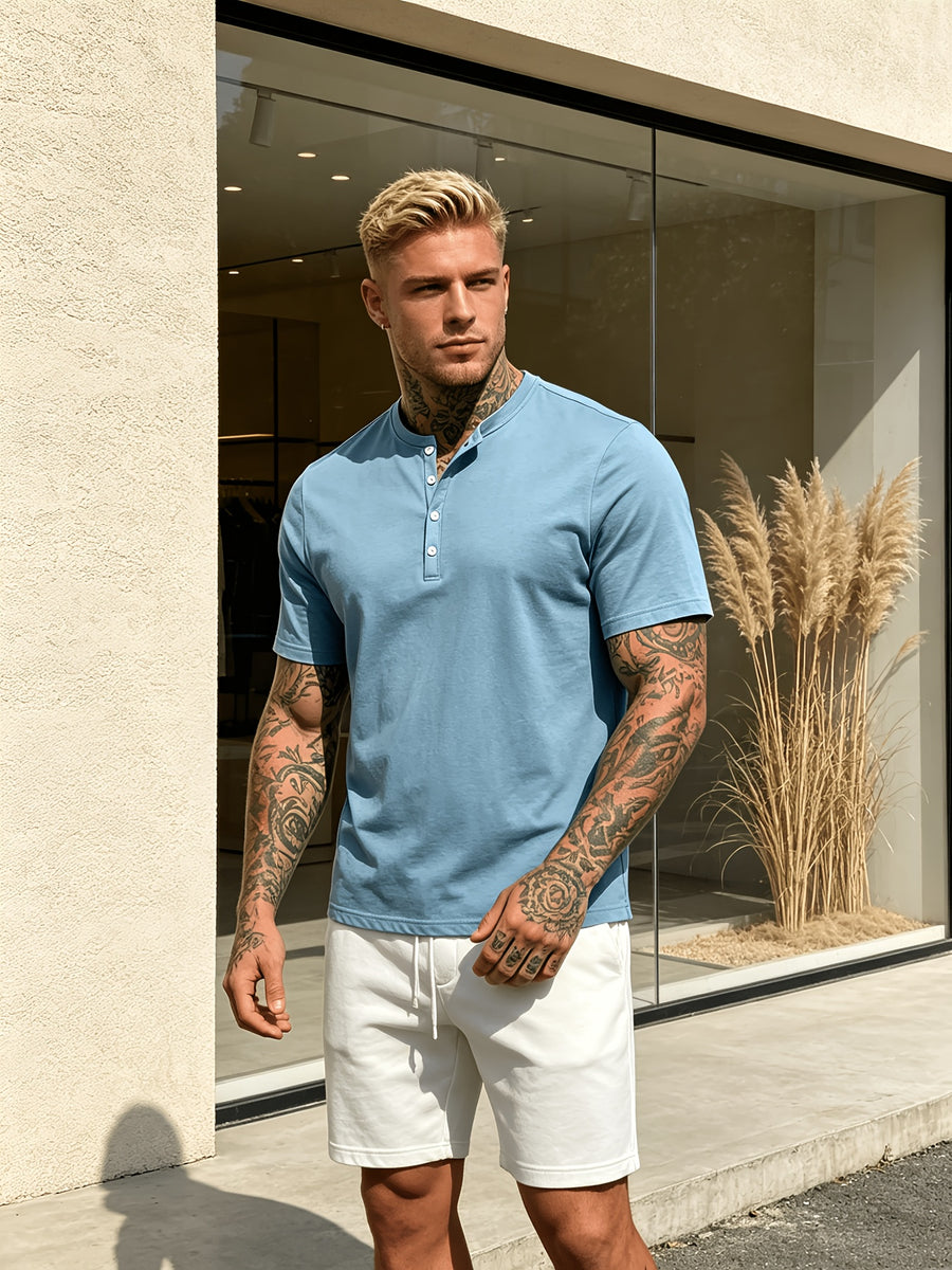 Summer New Fashion Athletic Button-Up Men'S Top Short Sleeve Autumn Casual Comfortable Trendy All-Match Style - Sky Blue