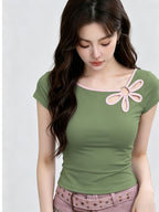 Sweet Cool Hot Floral Hollow Out Contrast Off-Shoulder Short Sleeve T-Shirt Women'S Summer Short Top - Matcha Color