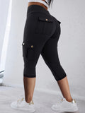 Women's Short Capri Pants, Cropped Fitted High-Waist 4-Pocket Cargo Work Pants, Summer Bermuda Capri Pants, Cycling Capri Pants, Women's Cropped Leggings, Women's Caution Capri Pants - Black