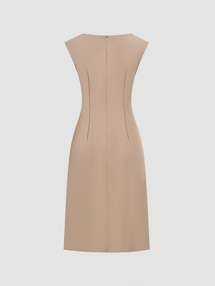 Spring-Summer Pleated Asymmetrical Elegant Design Women's Dress Gown - Khaki