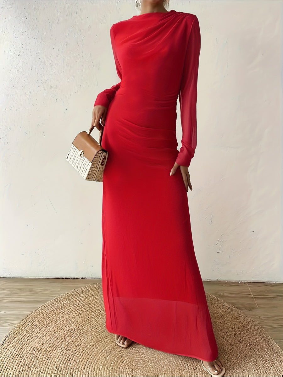 Autumn Winter New European Middle Eastern Casual All-Match Fashion Dress Round Neck Long Sleeve Elegant Temperament Suitable for Parties Gatherings - Red