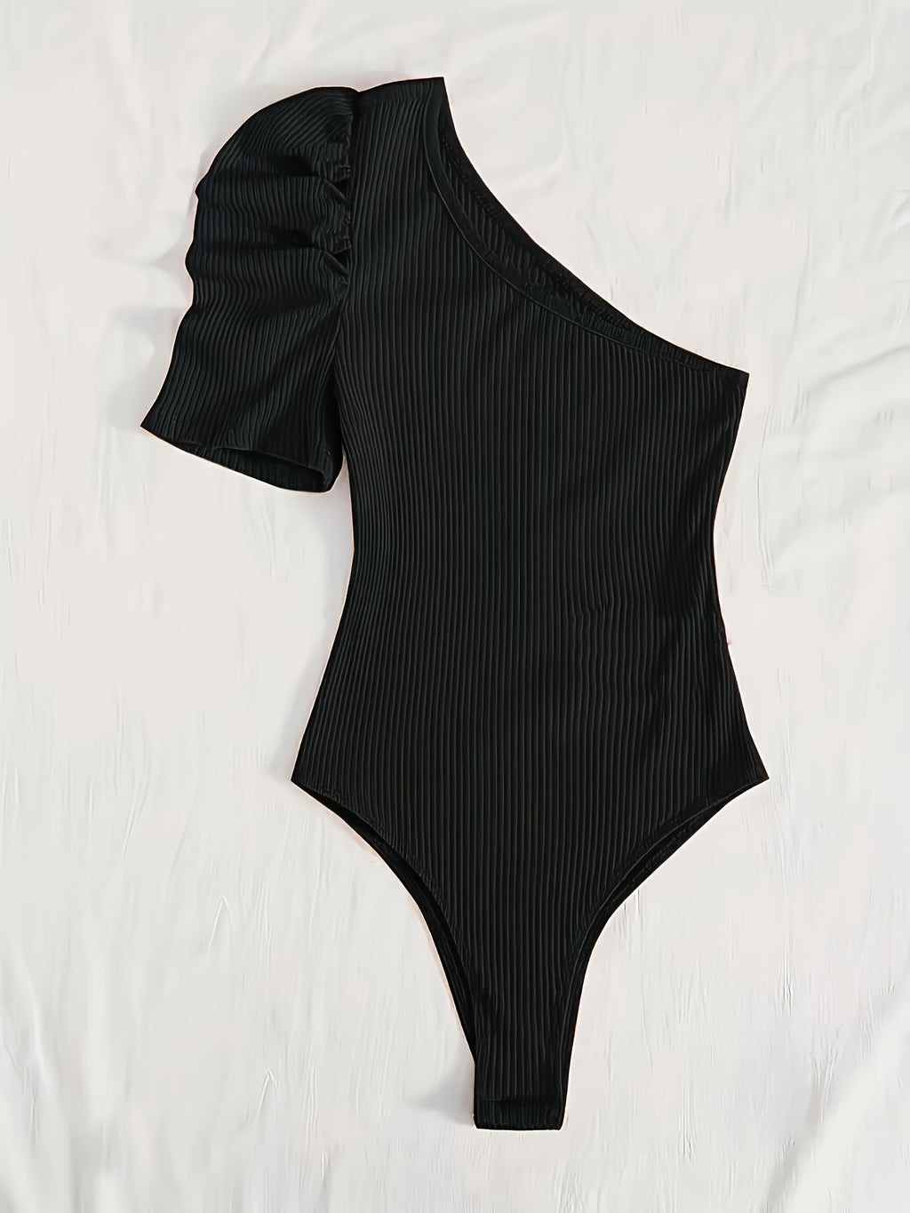 Privé One-Shoulder Bubble Sleeve Ribbed Bodysuit - Black