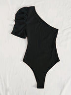 Privé One-Shoulder Bubble Sleeve Ribbed Bodysuit - Black