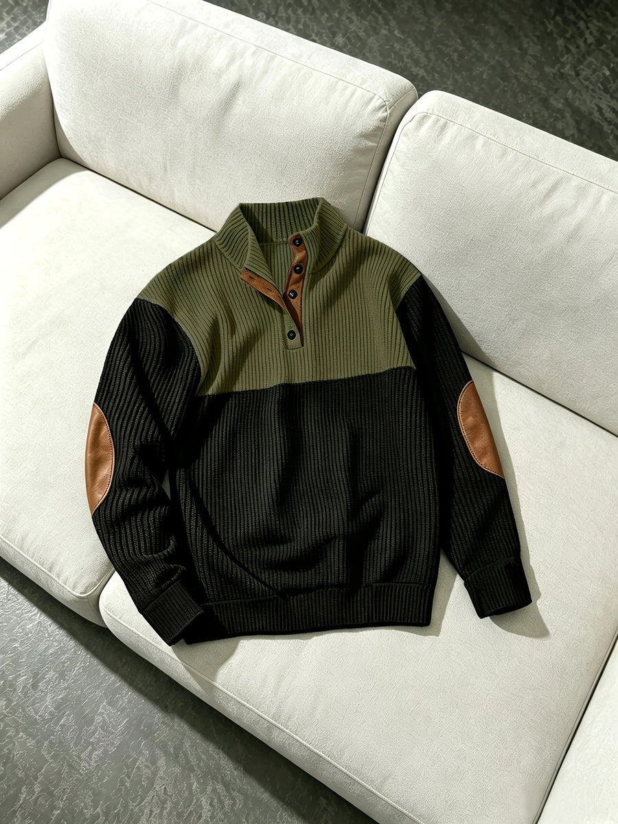Autumn Winter Men'S Henley Casual Color-Block Lapel Sports Sweatshirt Corduroy Stand-Up Collar Long Sleeve Jacket Suitable for Casual And Athletic Wear - Black With Army Green