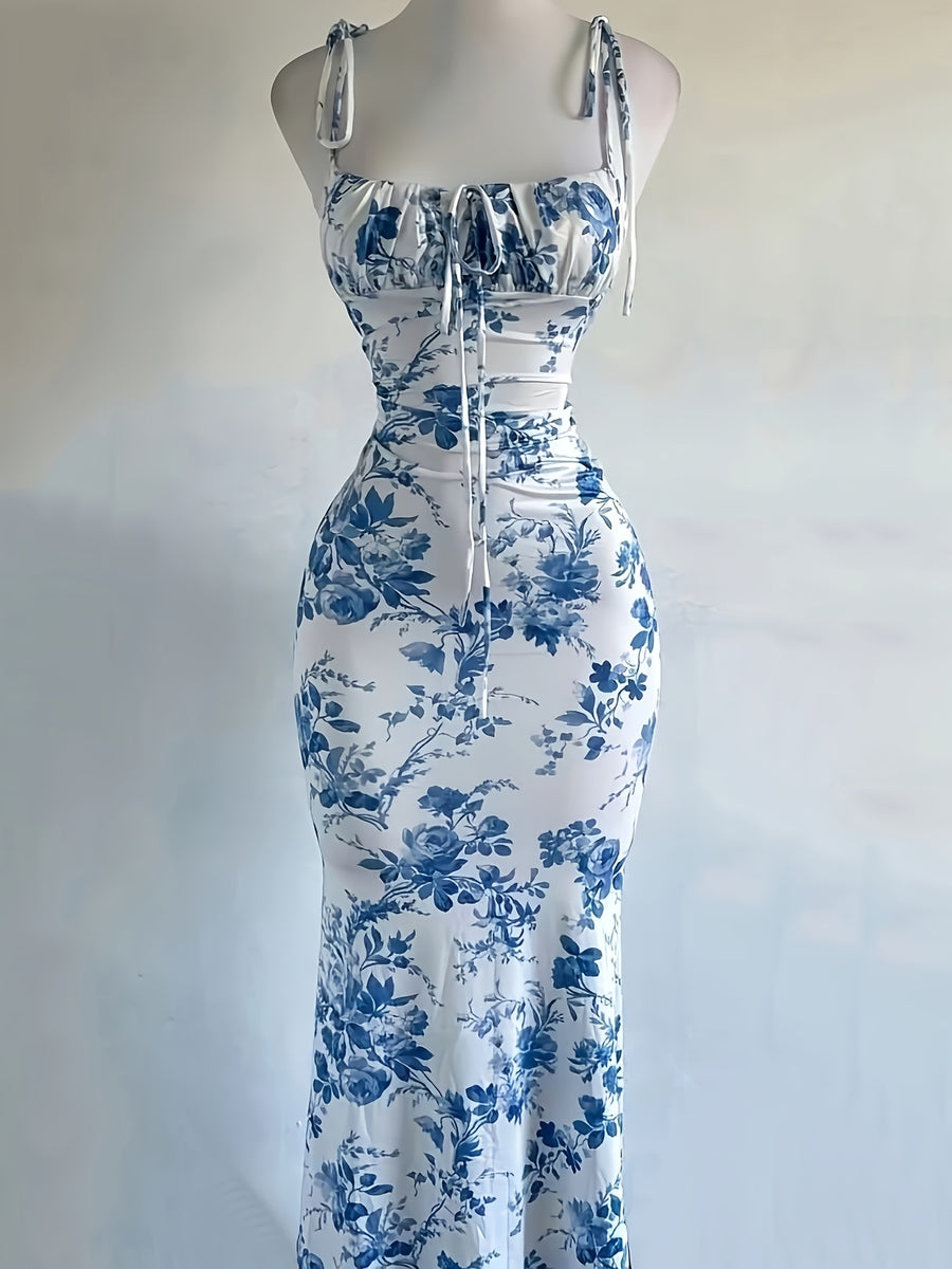 Y2K Vacation Floral Print Backless Long Fishtail Dress - Tie-String Straps, Fitted - Multicolor