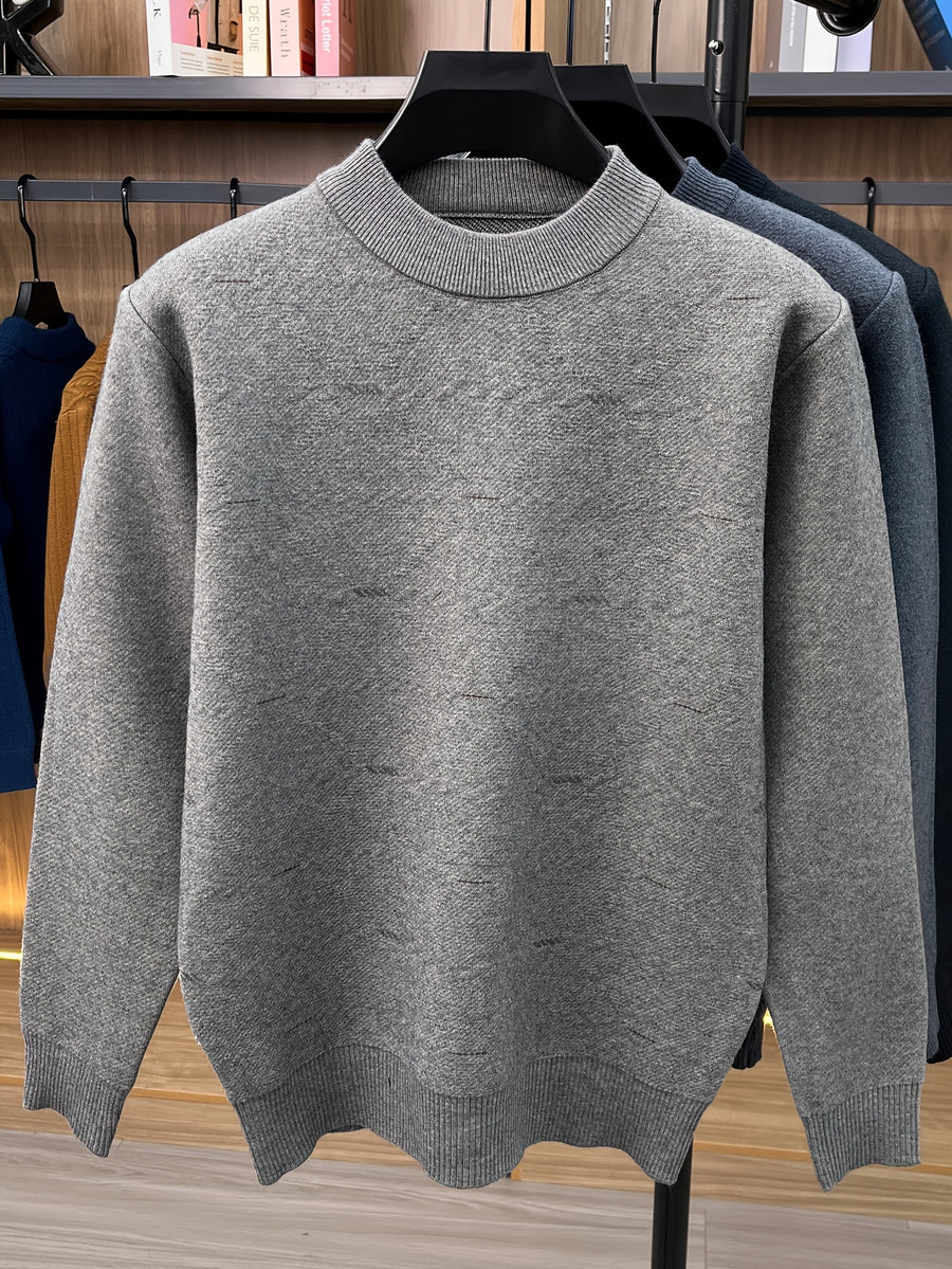 Autumn/Winter Men's Crew Neck Knit Sweater, Simple Subtle Jacquard Pattern, Mid-Life Layering Top - Camel