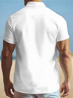 Men'S Solid Color Short Sleeve Shirt, Summer Lightweight Breathable Fabric, Classic Collar, Loose Fit, Textured Fabric, Suitable for Casual, Office & Weekend Wear, Short Sleeve Top, Non-Stretch Material, Durable Casualwear, Outdoor Casual - White