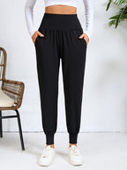 An Elegant Women's Casual High-waisted Pants with Slant Pockets. Women's Pants and Cuffed Long Pants for Spring, Summer, and Autumn - Black