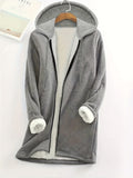 Fashion Women'S Zipper Hooded Mid-Length Solid Color Faux Hooded Warm Coat with Pockets - Grey