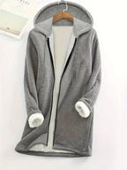 Fashion Women'S Zipper Hooded Mid-Length Solid Color Faux Hooded Warm Coat with Pockets - Grey