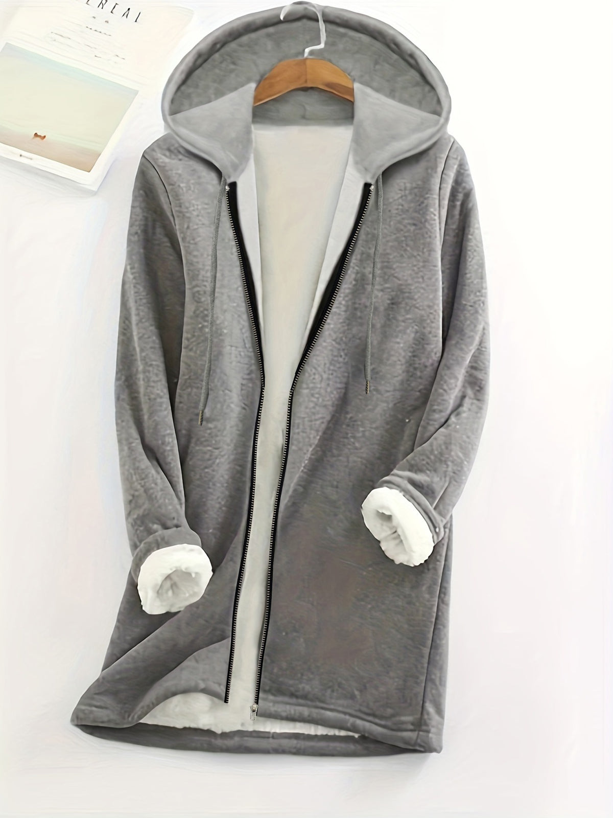 Fashion Women'S Zipper Hooded Mid-Length Solid Color Faux Hooded Warm Coat with Pockets - Grey