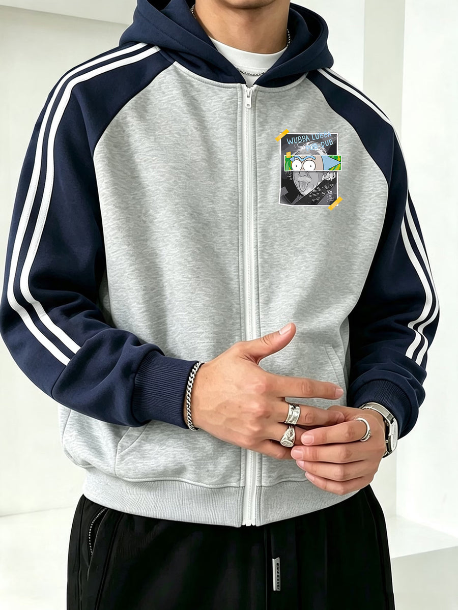 Official Warner Bros. Licensed Men's Raglan Sleeve Colorblock Zip-Up Hooded Sweatshirt, Featuring a Playful Rick Comic Avatar Illustration Print, Loose-Fit Contrast Stripe Hoodie for Fall/Winter, Trendy Streetwear Fashion Casual Versatile Sporty - Gray And Navy Blue
