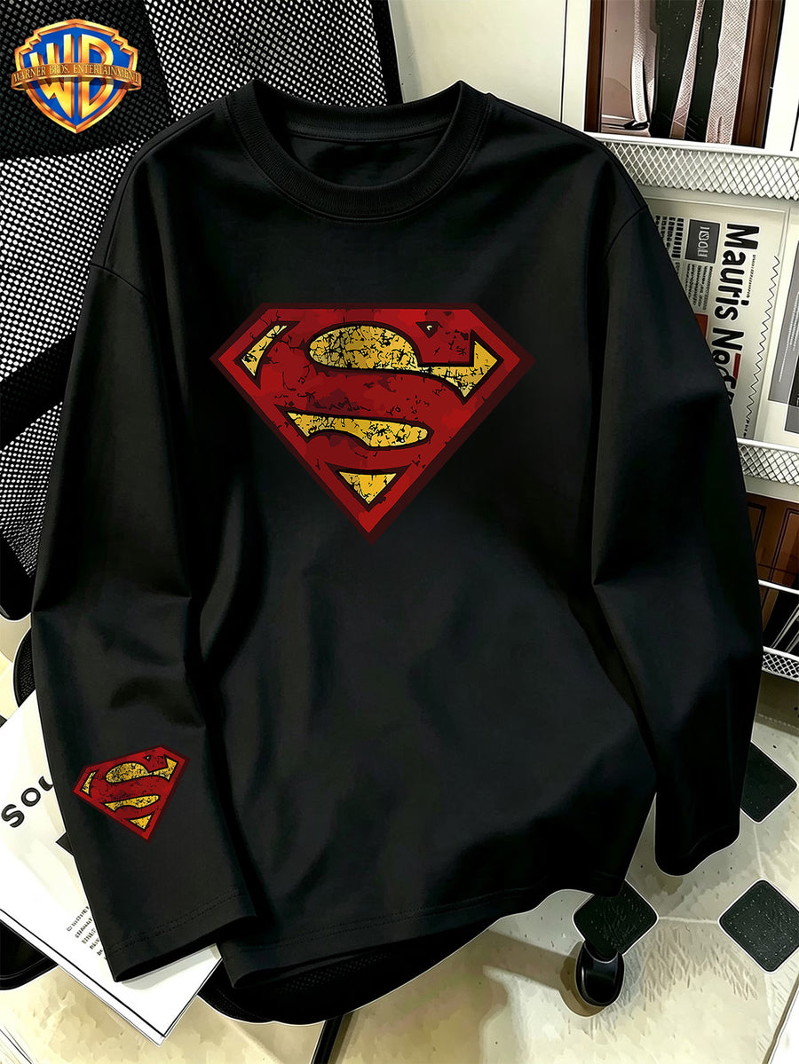 Superman Retro Cracked Distressed Badge Print, Men'S Breathable Athletic Long Sleeve T-Shirt, 100% Round Neck Casual Base Layer, Comfortable And Skin-Friendly for Sports, Exercise, Daily Outings - Black