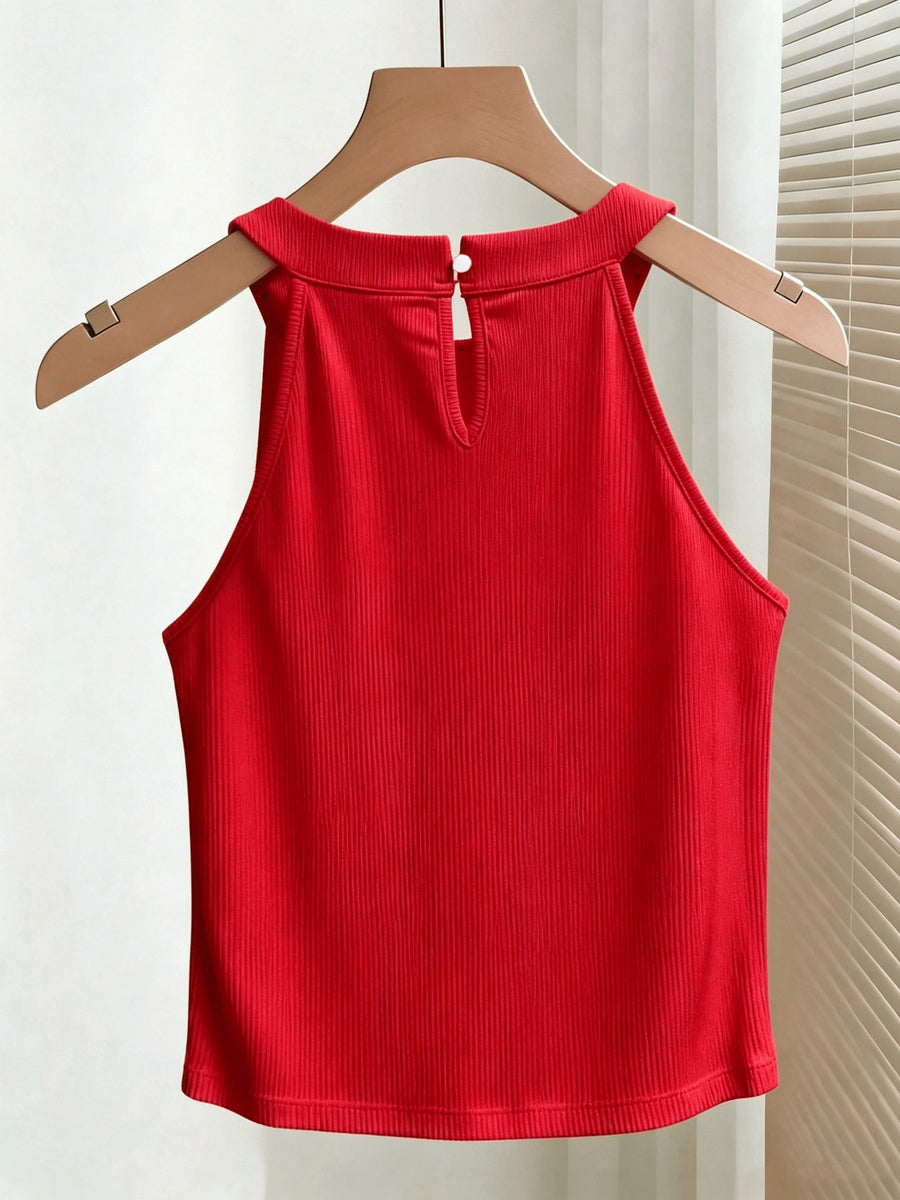 Women'S Tank Top And Camisole, French Summer Sexy Fitted Round Neck with Beading - Red