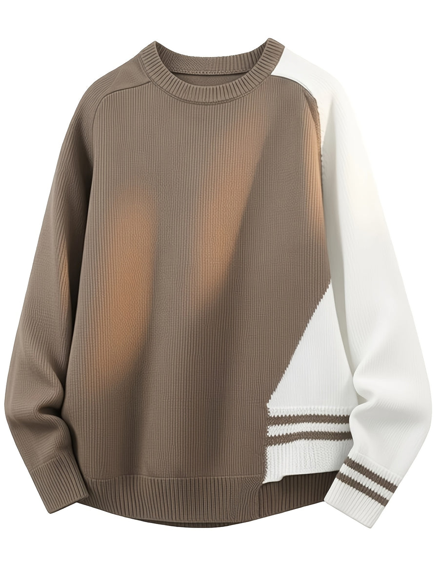 Men'S Color Block Asymmetric Patchwork Crew Neck Sweater, Versatile Casual Knit Pullover Top - Khaki