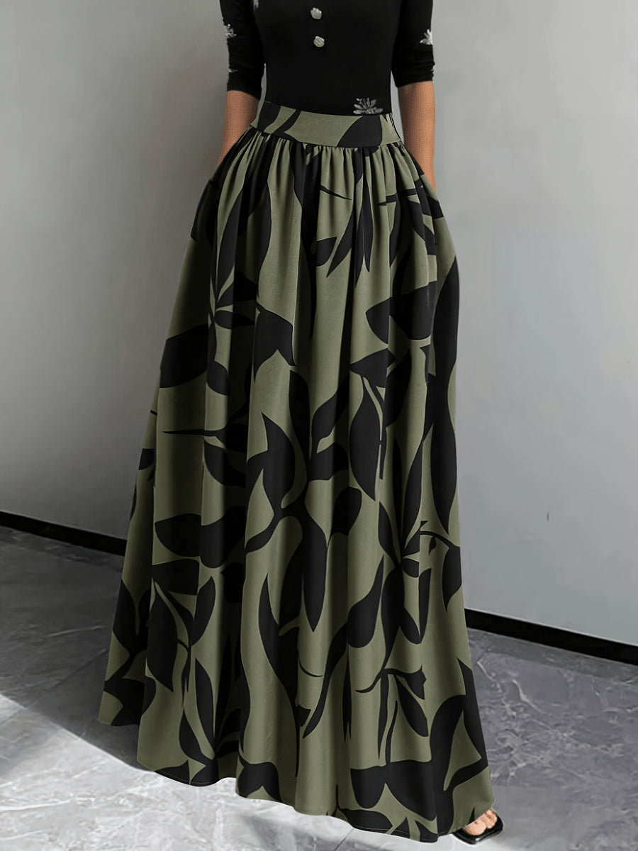 Women's Wide-Length Watercolor Midi Skirt - High-Waisted Loose Skirt Suitable for Spring Summer Fall, Elegant Office to Casual Wear, Machine Washable Skirt - fern green