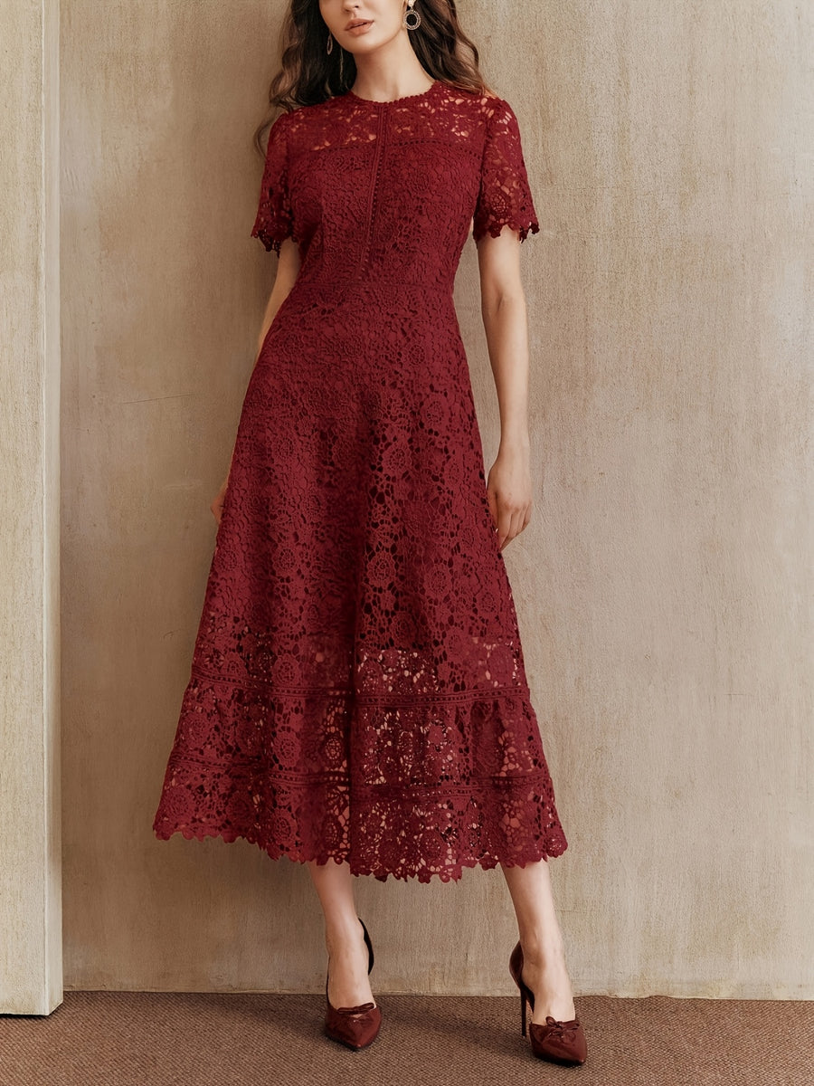 French Lace Cut-out Dress, with a Fashionable Ruffled Panel Design, Features a Flattering Waistline for an Elegant Look, Perfect for Any Formal Occasion. Women's Fashion Must-have - Burgundy