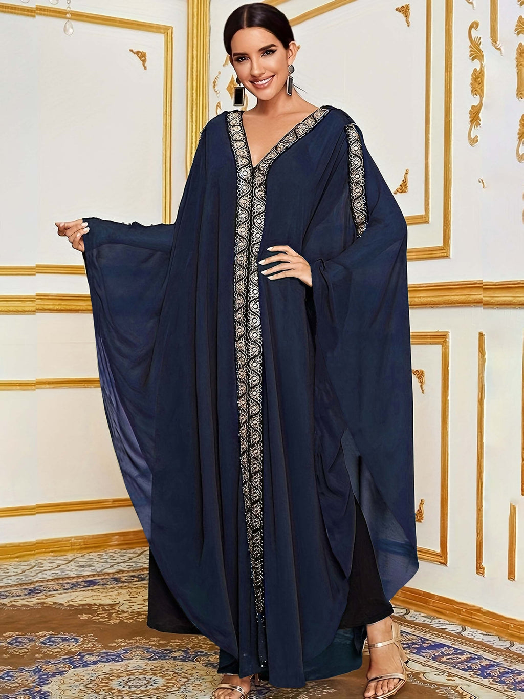 Middle Eastern Muslim Formal Dress, Classic Elegant Style, Fashionable French-Style, Romantic Classical Ethnic Style, Loose Shawl Abayas Gown for Women - Blue