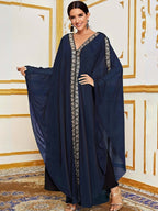 Middle Eastern Muslim Formal Dress, Classic Elegant Style, Fashionable French-Style, Romantic Classical Ethnic Style, Loose Shawl Abayas Gown for Women - Blue