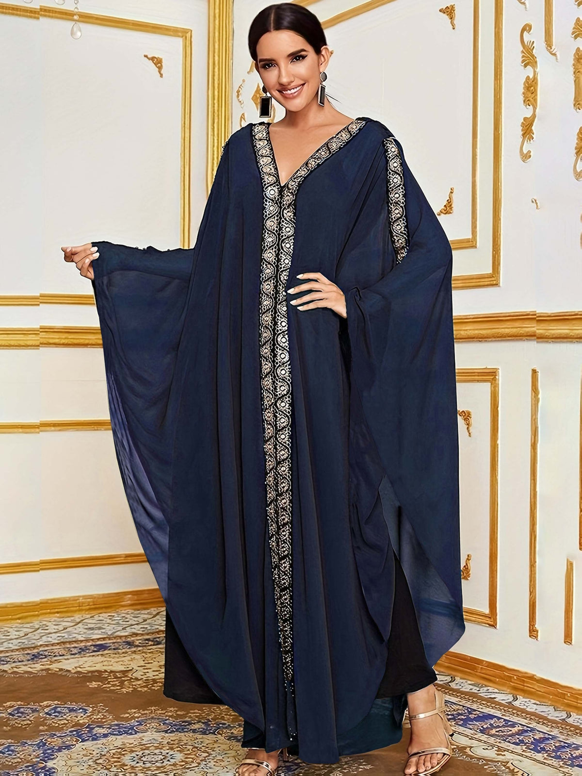 Middle Eastern Muslim Formal Dress, Classic Elegant Style, Fashionable French-Style, Romantic Classical Ethnic Style, Loose Shawl Abayas Gown for Women - Blue