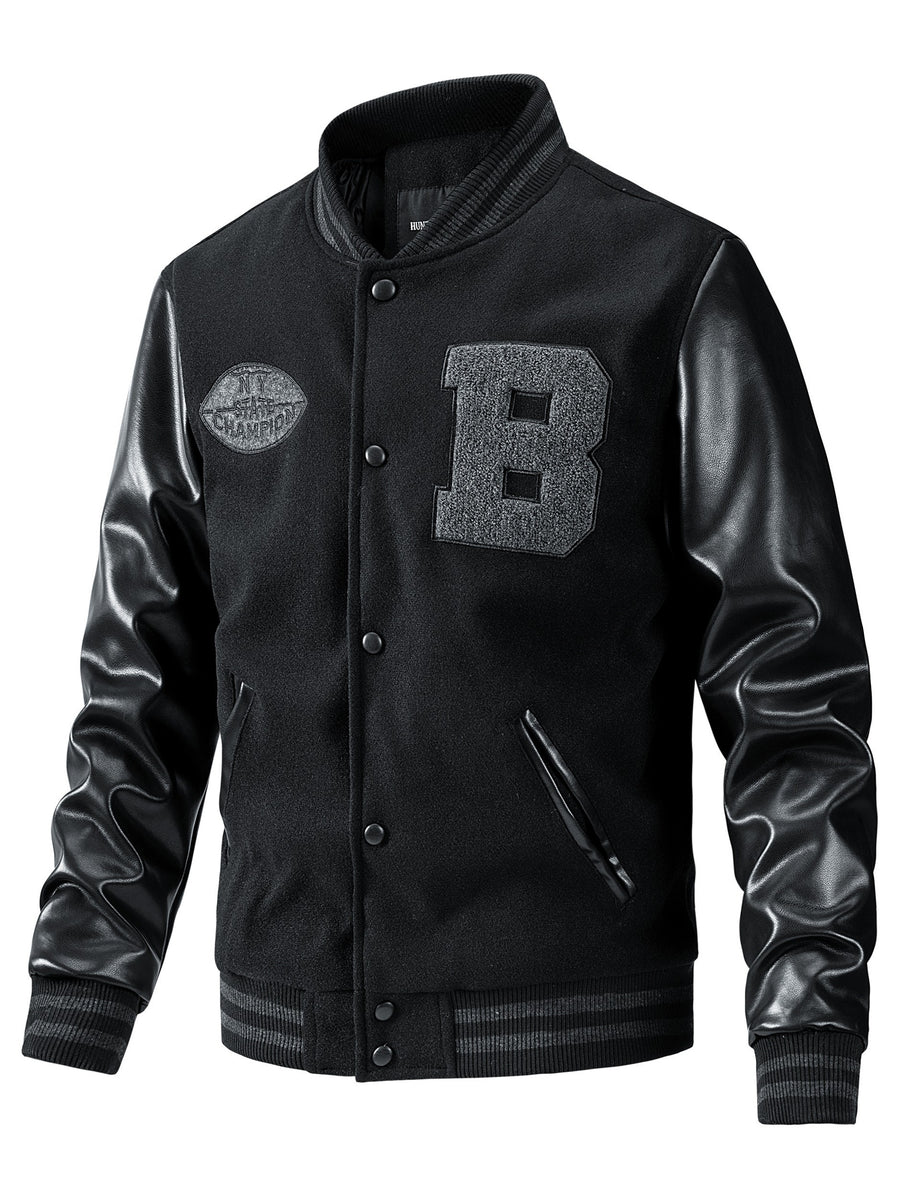 Men'S Winter Jacket, Trendy American Baseball Coat for Autumn And Winter, Casual Embroidered Plus-Size Outerwear with PU Sleeves, Windproof Men'S Jacket - Black