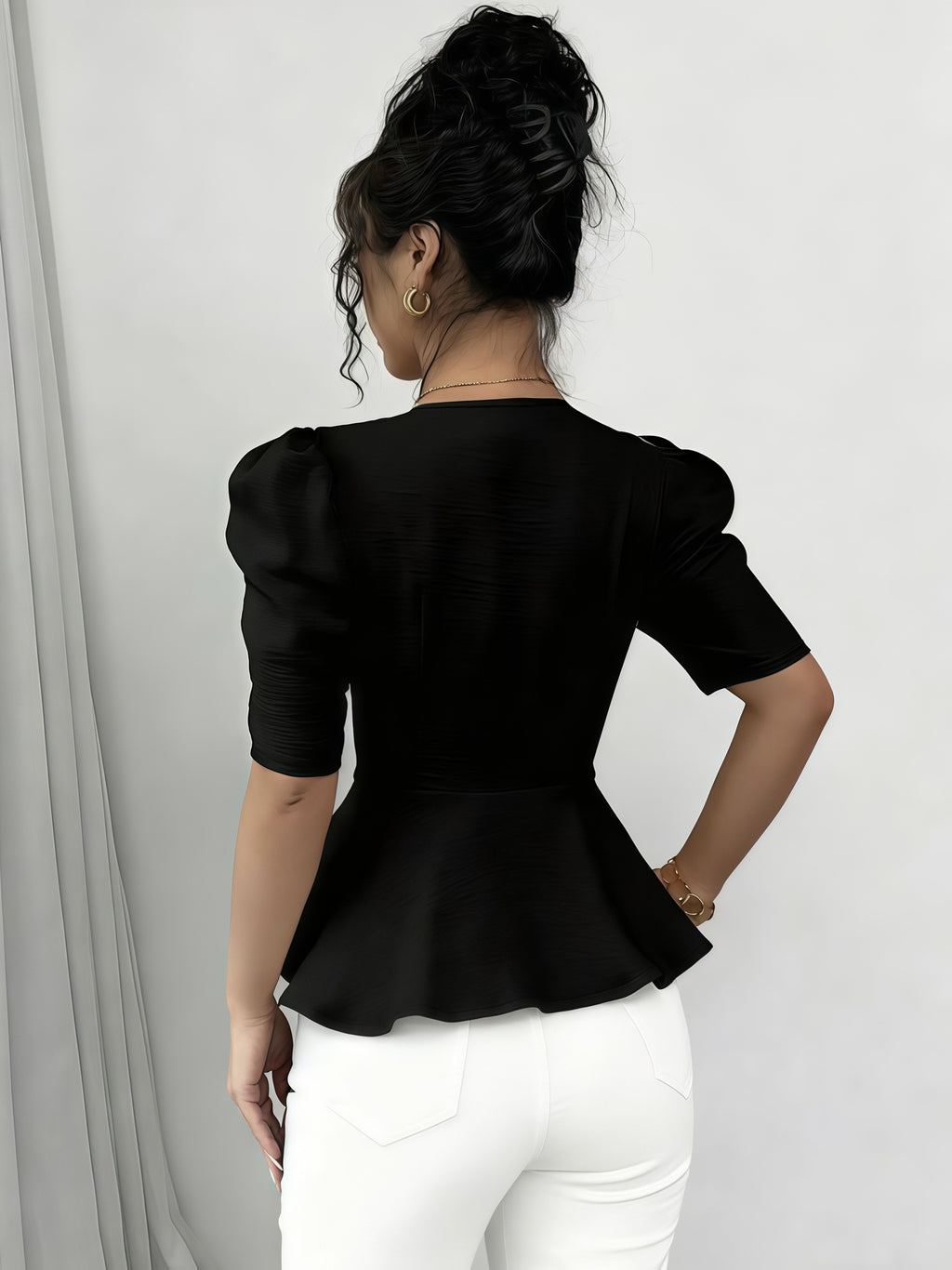 Women'S Summer Blouse, Square Neck, Short Sleeves, Slim Fit Waist, Fabric, Everyday Fashionable And Elegant Ruffle Top - Black