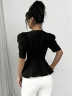 Women'S Summer Blouse, Square Neck, Short Sleeves, Slim Fit Waist, Fabric, Everyday Fashionable And Elegant Ruffle Top - Black