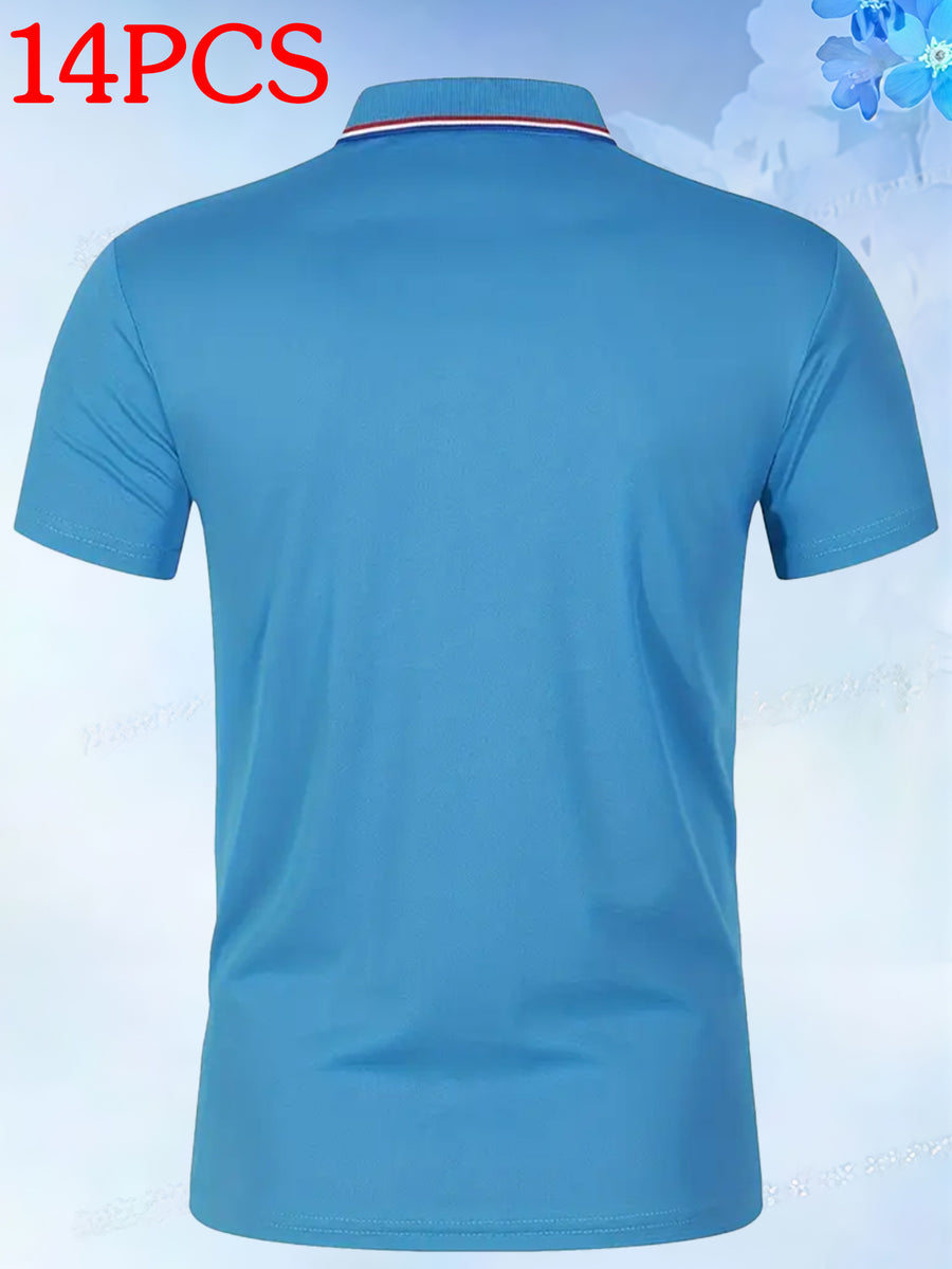 14pcs Classic Solid Color Men'S Polo Shirts, Breathable Lapel High Quality Shirts Casual Fashion Sport - Peacock Blue