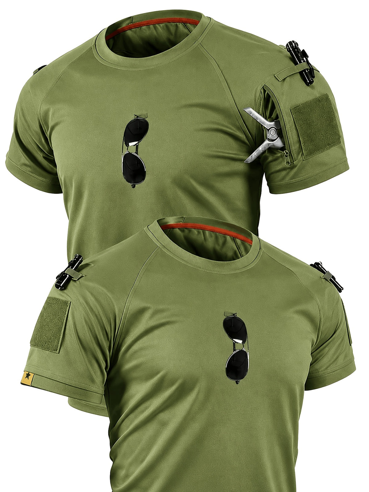 1pc Men'S Round Neck T-Shirt Outdoor Casual Quick-Dry Short Sleeve Top with Pocket And Hook-And-Loop Closure Breathable T-Shirt for Camping Hiking Fishing Running Sports Shirt, Additions Not Included - Olive Green