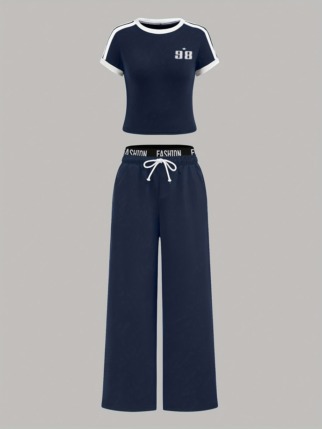 Western Hot Style Blue White Contrast Striped Short Top And Letter Waist Wide-Leg Pants Women'S 2pcs Set - Mixed colors