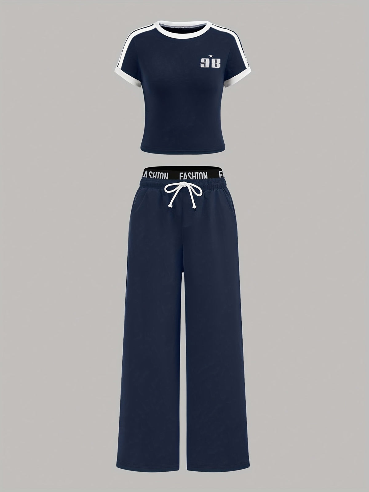 Western Hot Style Blue White Contrast Striped Short Top And Letter Waist Wide-Leg Pants Women'S 2pcs Set - Mixed colors
