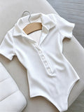 New 2026 Style! Summer Casual Lapel Bodysuit, Slim Fit Flattering Hot Short Sleeve T-Shirt, Versatile Basic Style ZLLZ - Off-white