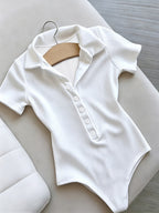 New 2026 Style! Summer Casual Lapel Bodysuit, Slim Fit Flattering Hot Short Sleeve T-Shirt, Versatile Basic Style ZLLZ - Off-white