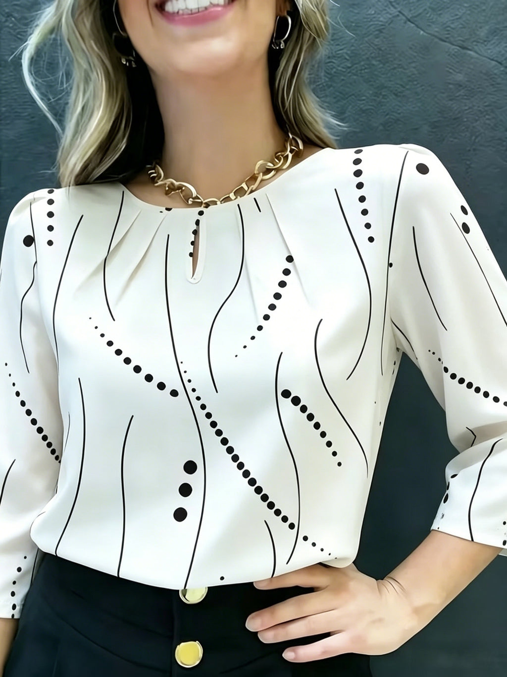 Elegant Commuter Shirt for Women, Polka Dot and Line Print Three-Quarter Sleeve Top - White