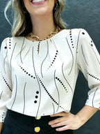 Elegant Commuter Shirt for Women, Polka Dot and Line Print Three-Quarter Sleeve Top - White