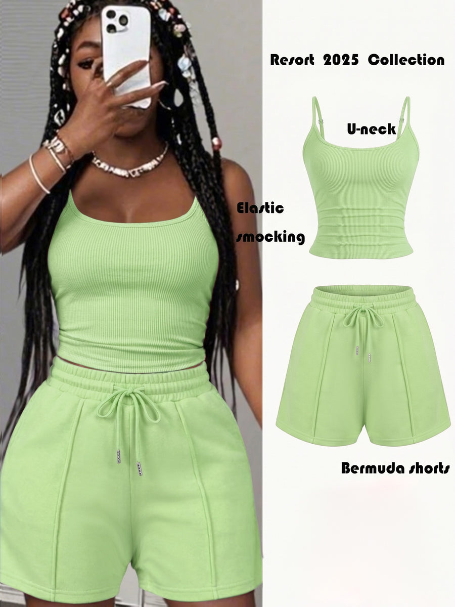 Women'S New Casual Camisole Knit Elastic Vest And Striped Textured Shorts 2pcs Set - Grass Green