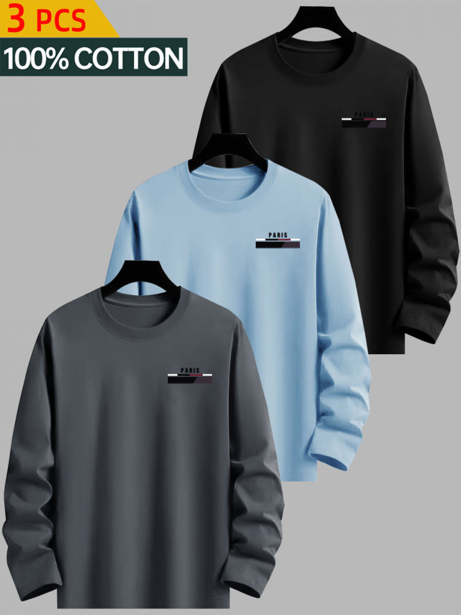 Set of 3 - Men'S 100% T-Shirts with Letter Design, Essential Long Sleeve Tee for Casual Outings, Breathable Top for Spring And Autumn - Combination Color 3