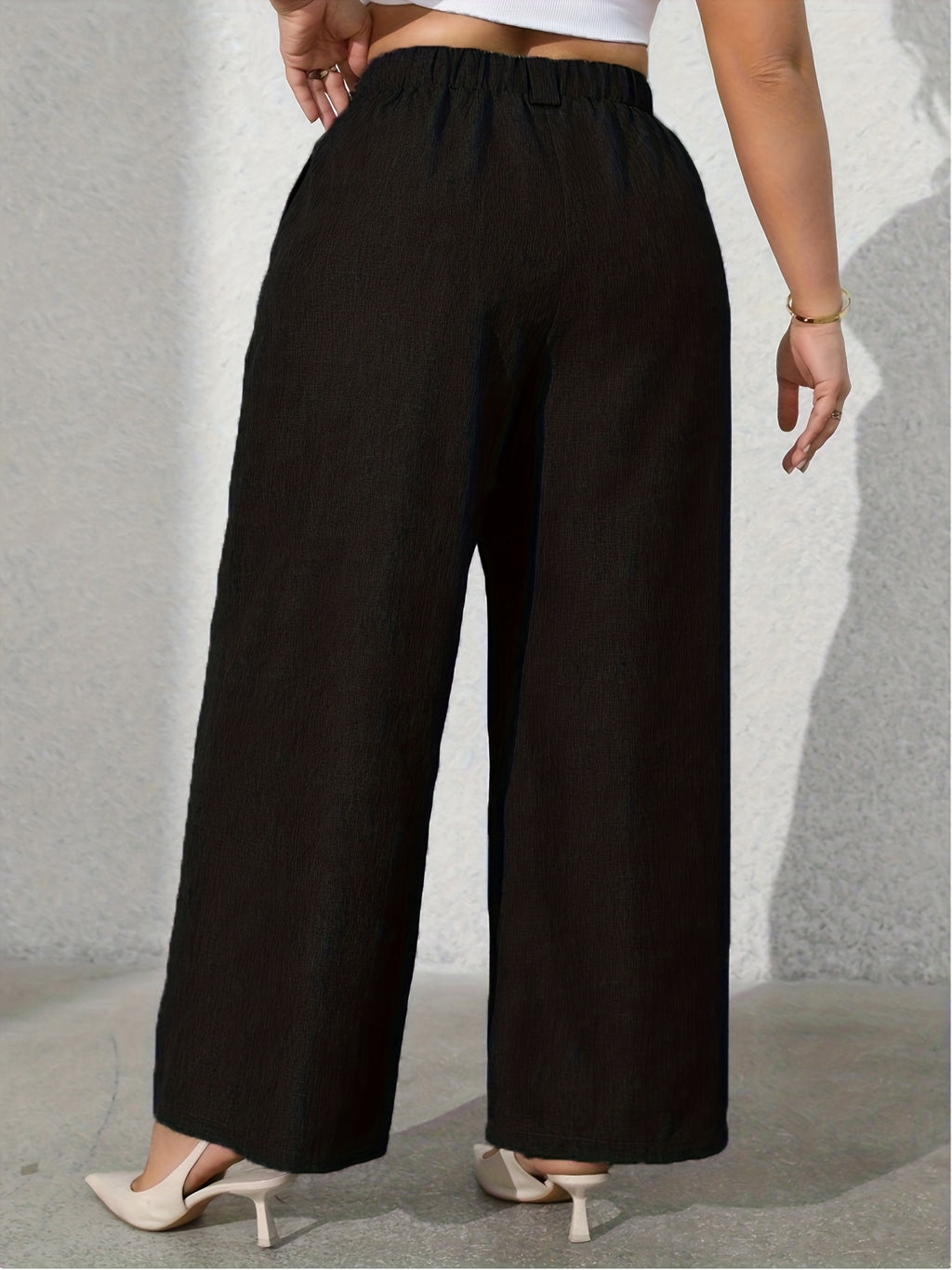 Women's Solid Color Fashion Commuter Wide-Leg Pants with Pockets - Black